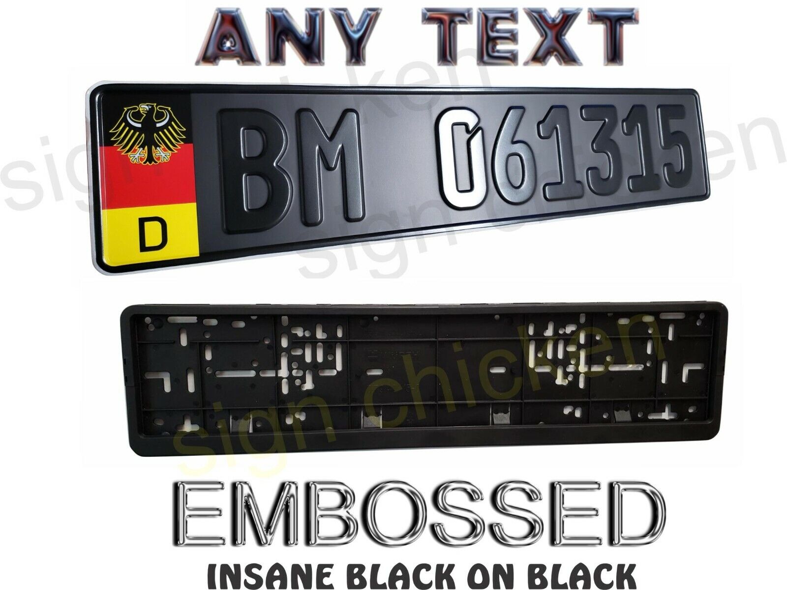 GERMAN BLACK ON BLACK, EURO STYLE  TAG, BMW,  European LICENSE plate, ANY TEXT