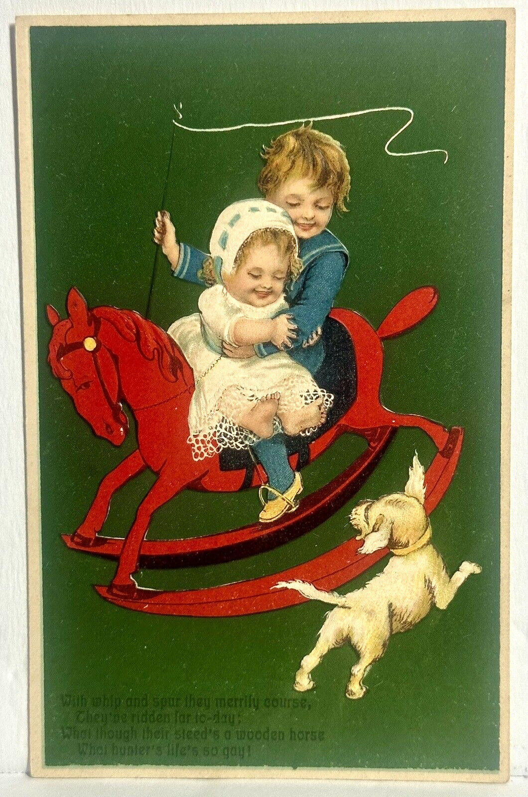 PFB Marie Flatscher Postcard Children Riding Red Wooden Rocking Horse Dog u/s