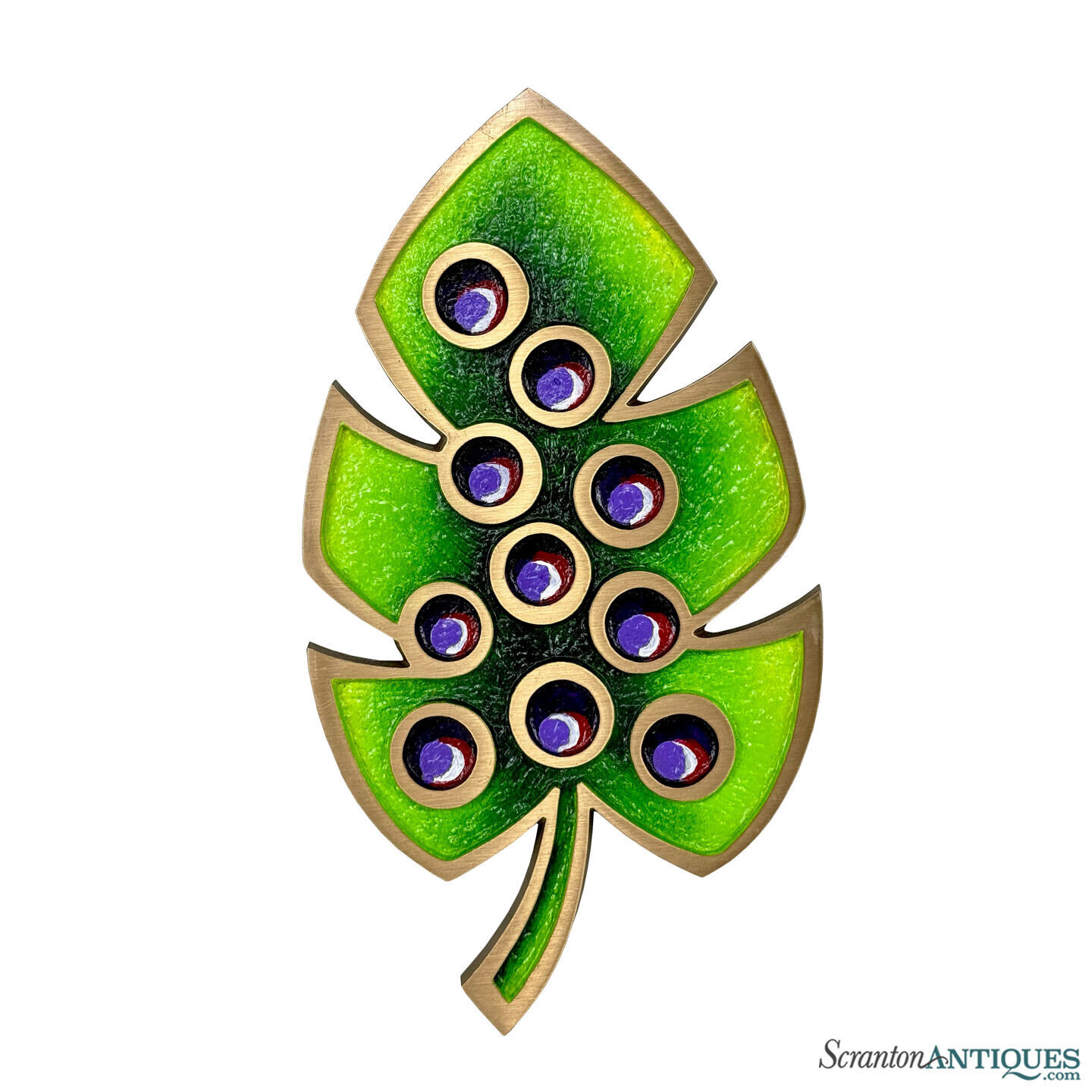 Mid-Century Atomic Monstera Leaf Brass & Enamel Trivet Plaque - 10\