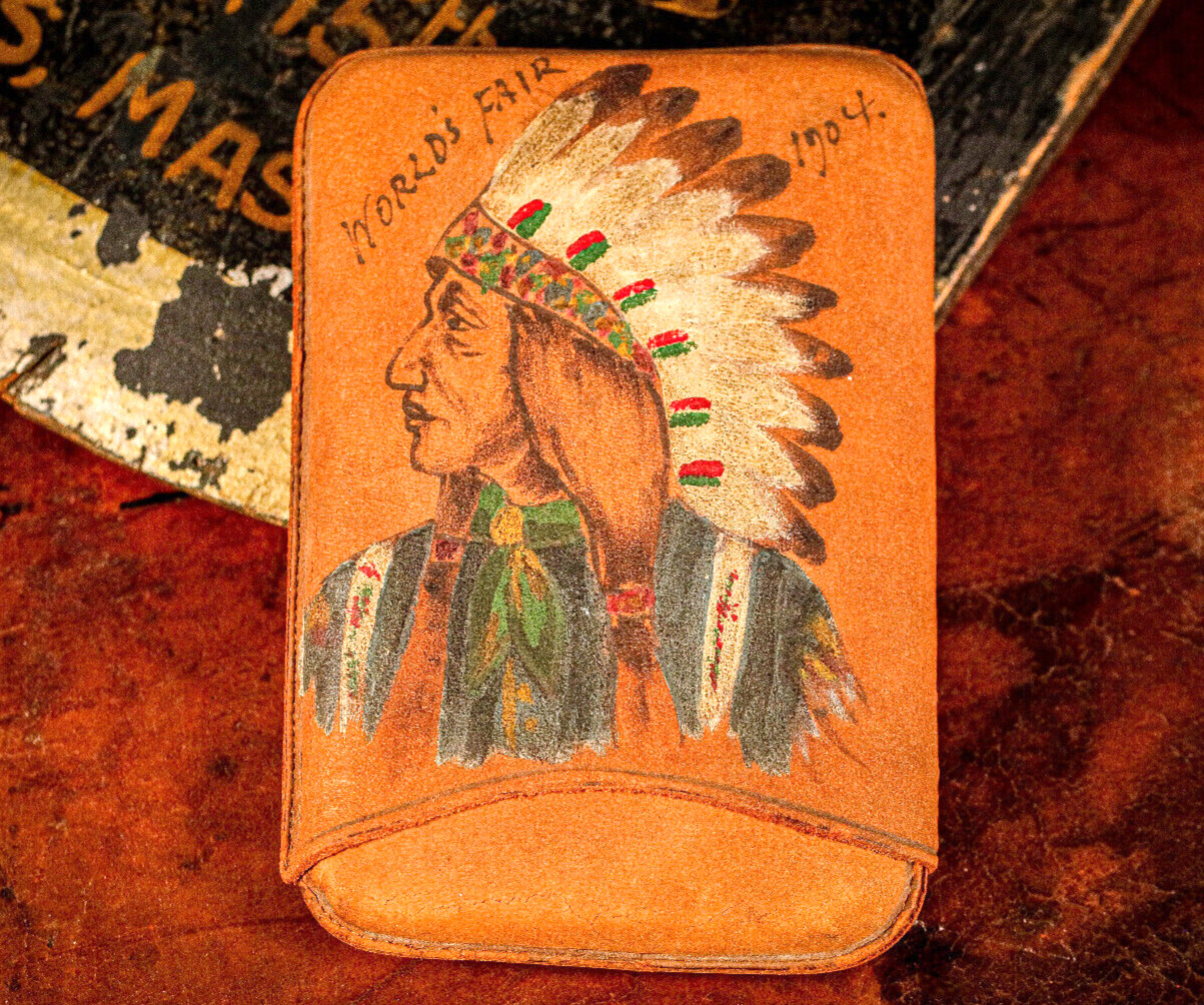 Rare World's Fair 1904 Souvenir Hand Painted Indian Antique Leather Cigar Case