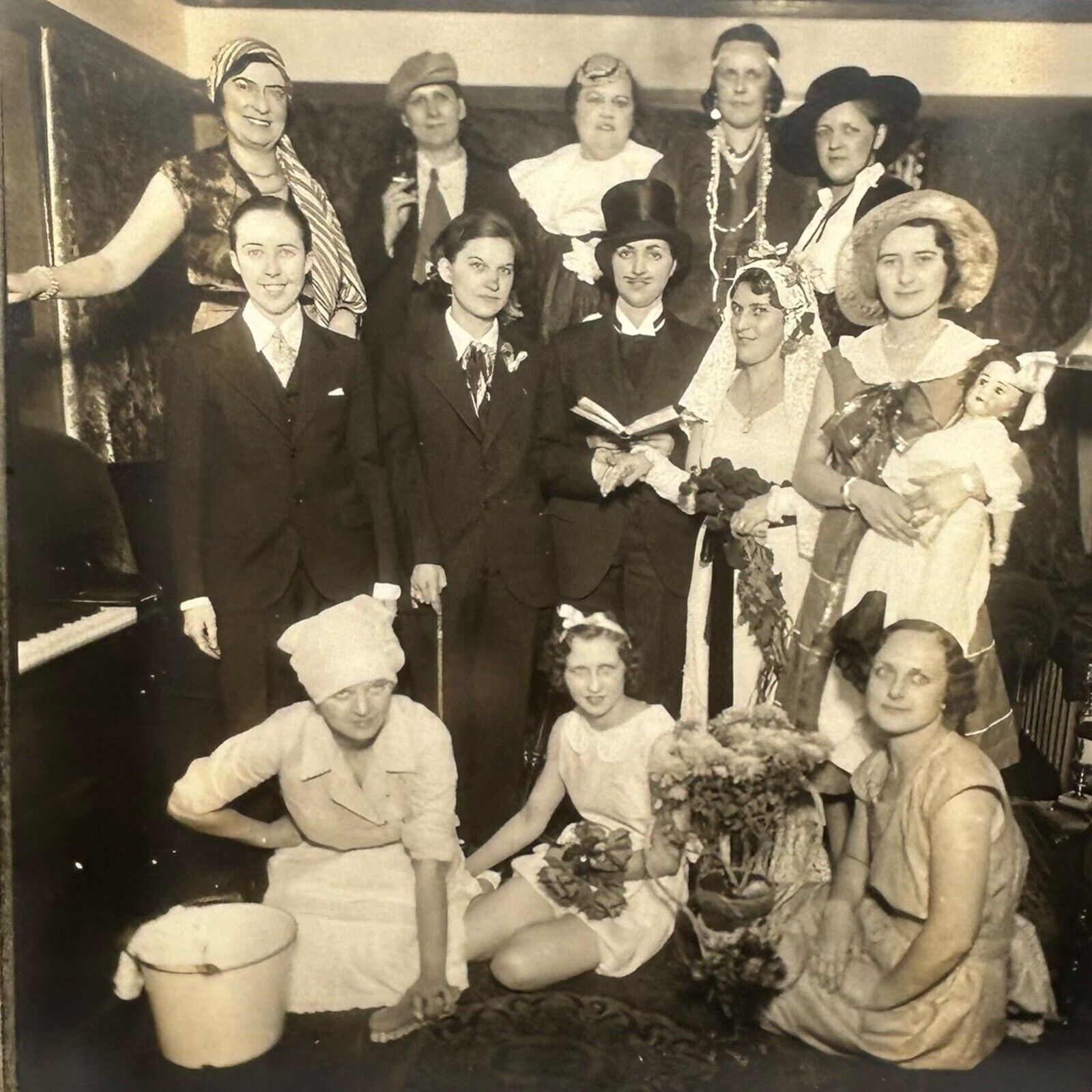 Antique 8x10” Photo Cross Dressing Women As Men Wedding Stag Party Chicago LGBTQ