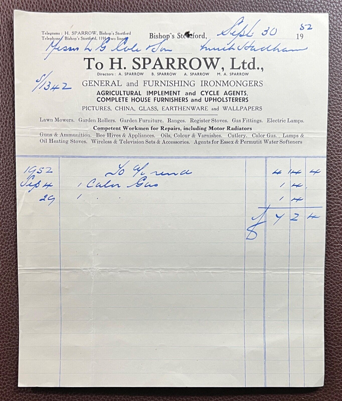 1952 H. Sparrow Ltd, Ironmongers & Cycle Agents, Bishops Stortford Invoice