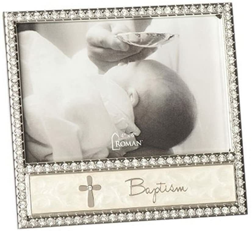 Baptism Round Cross Jewel Tone Accent Border 6.5 x 6 Zinc Alloy Photo Frame