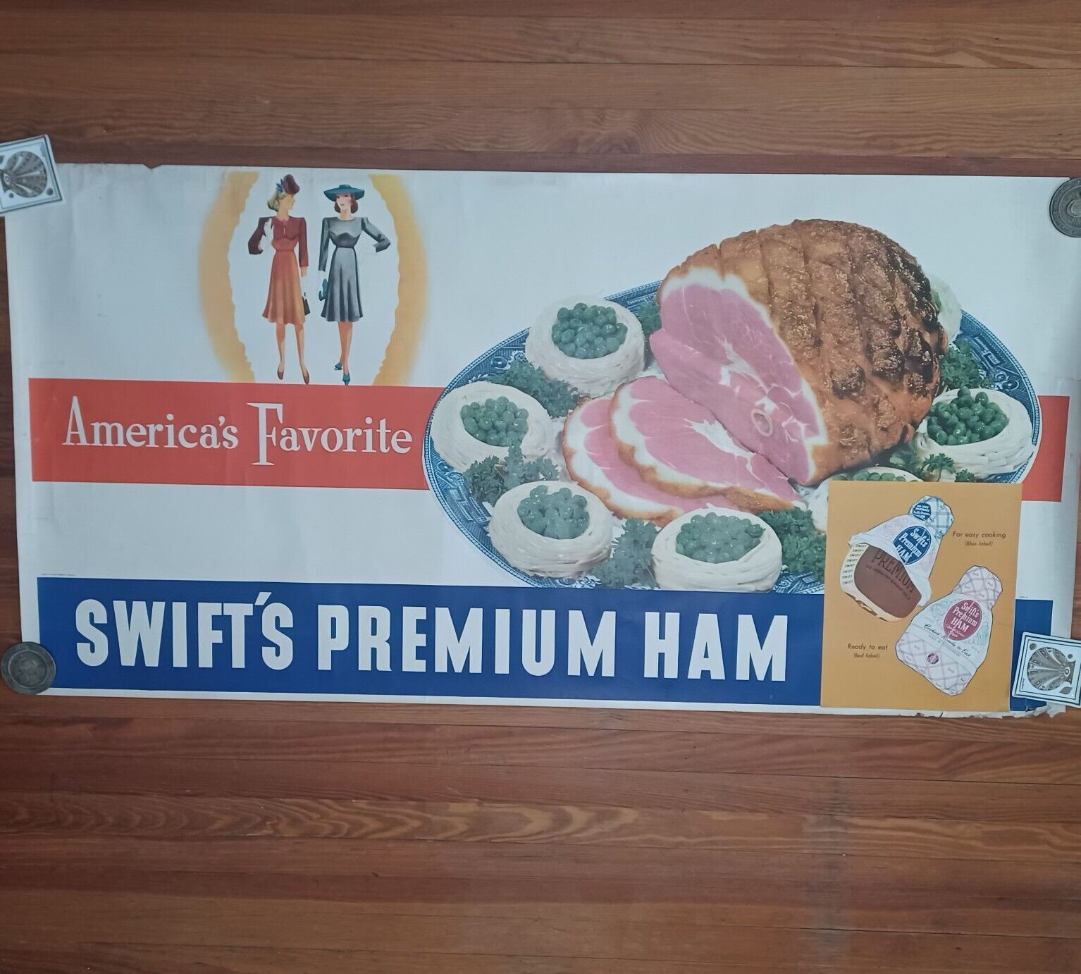 Vintage 40s Swift's Ham Sign Poster Print Banner Grocery Rare Huge 31 x 60