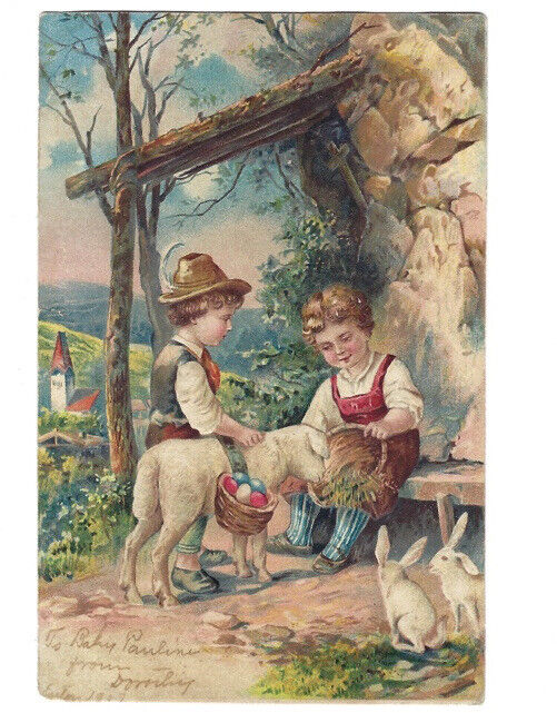 c.1907 Easter Boy Girl Lamb Eating Grass Eggs Bunnies Undivided Postcard POSTED