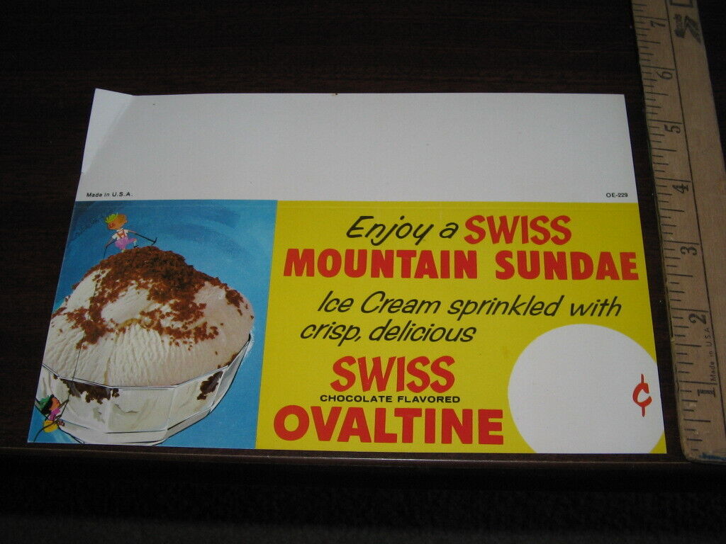 OVALTINE 1960s grocery store shelf sign display SWISS MOUNTAIN SUNDAE ICE CREAM