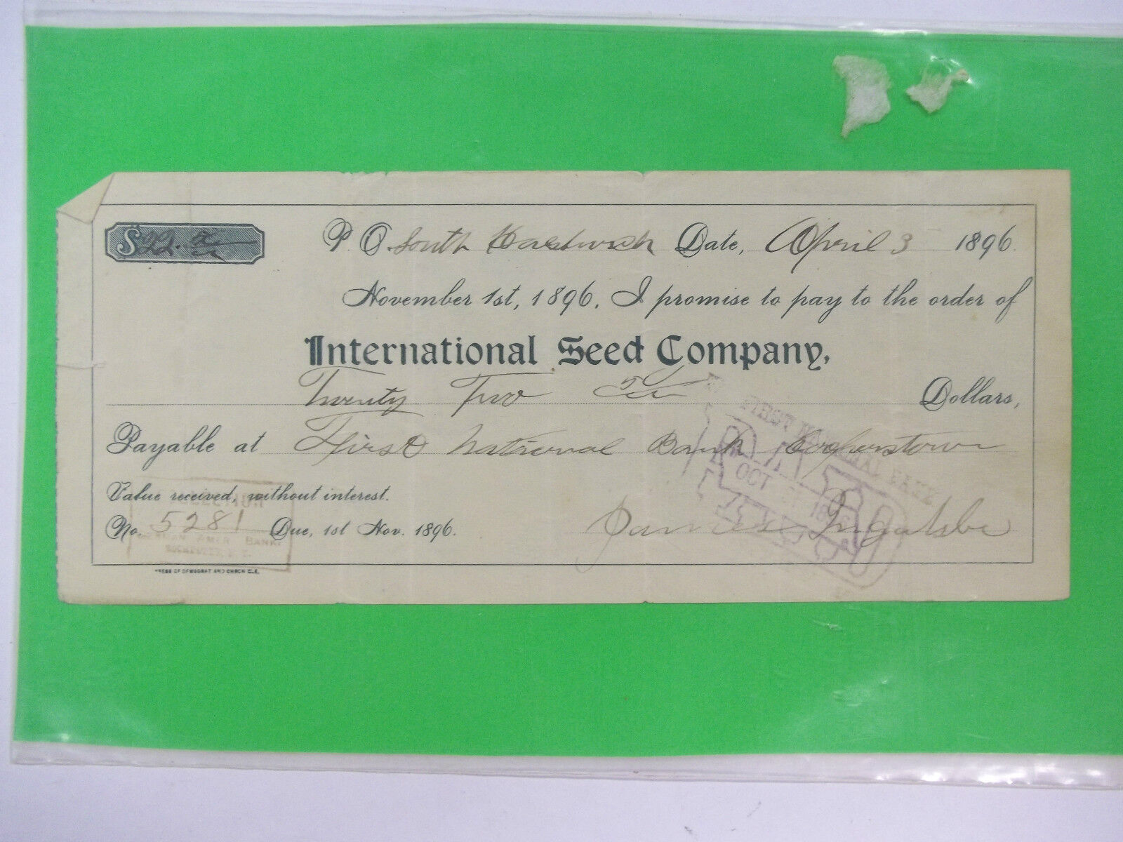 Old 1896 $22.00 Bank Check International Seed Company