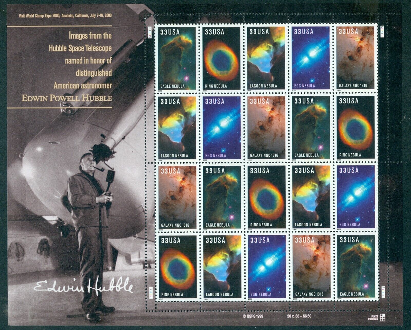 US 3384-3388 Hubble Space Telescope, Sheet/20, 2000,  Mint OG NH