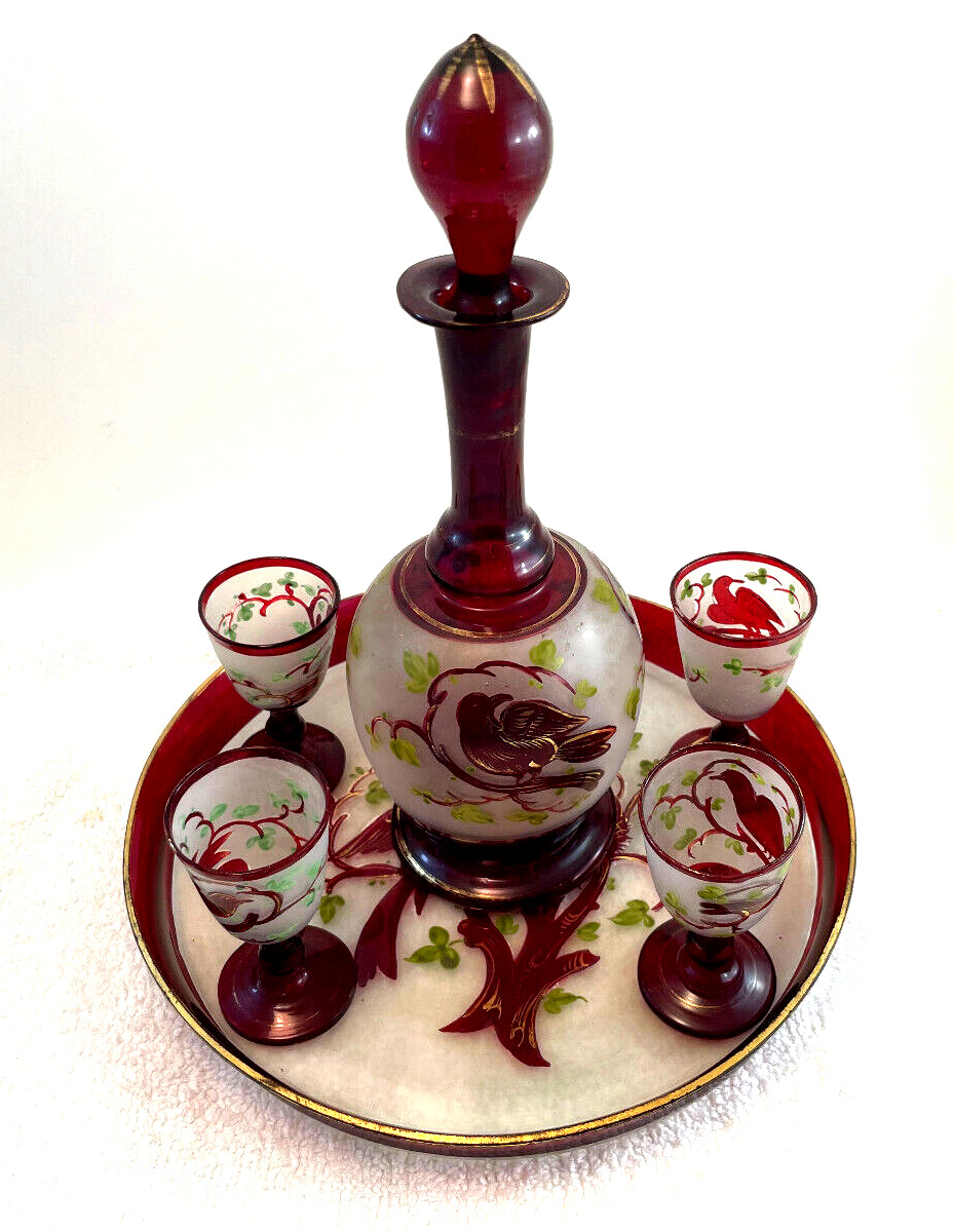 1900\'s Bohemian Etched Glass Painted Ruby Red Gold Detail Birds Decanter Tray