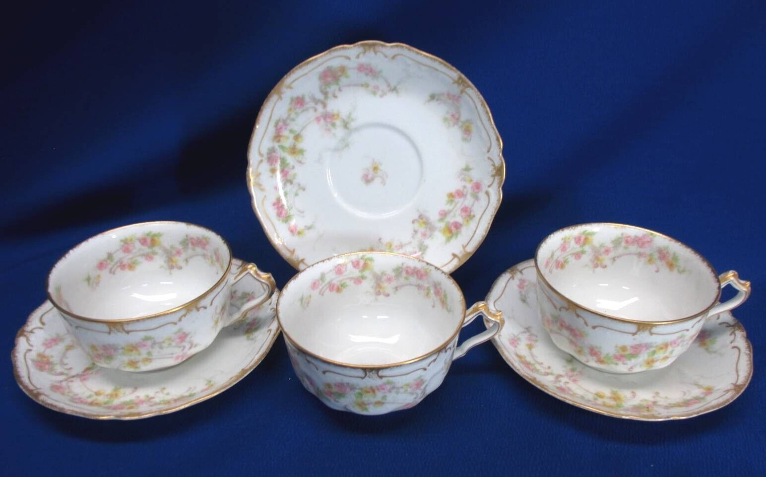 SET OF 3 HAVILAND LIMOGES PINK, GREEN, YELLOW, & GOLD CUPS & SAUCERS