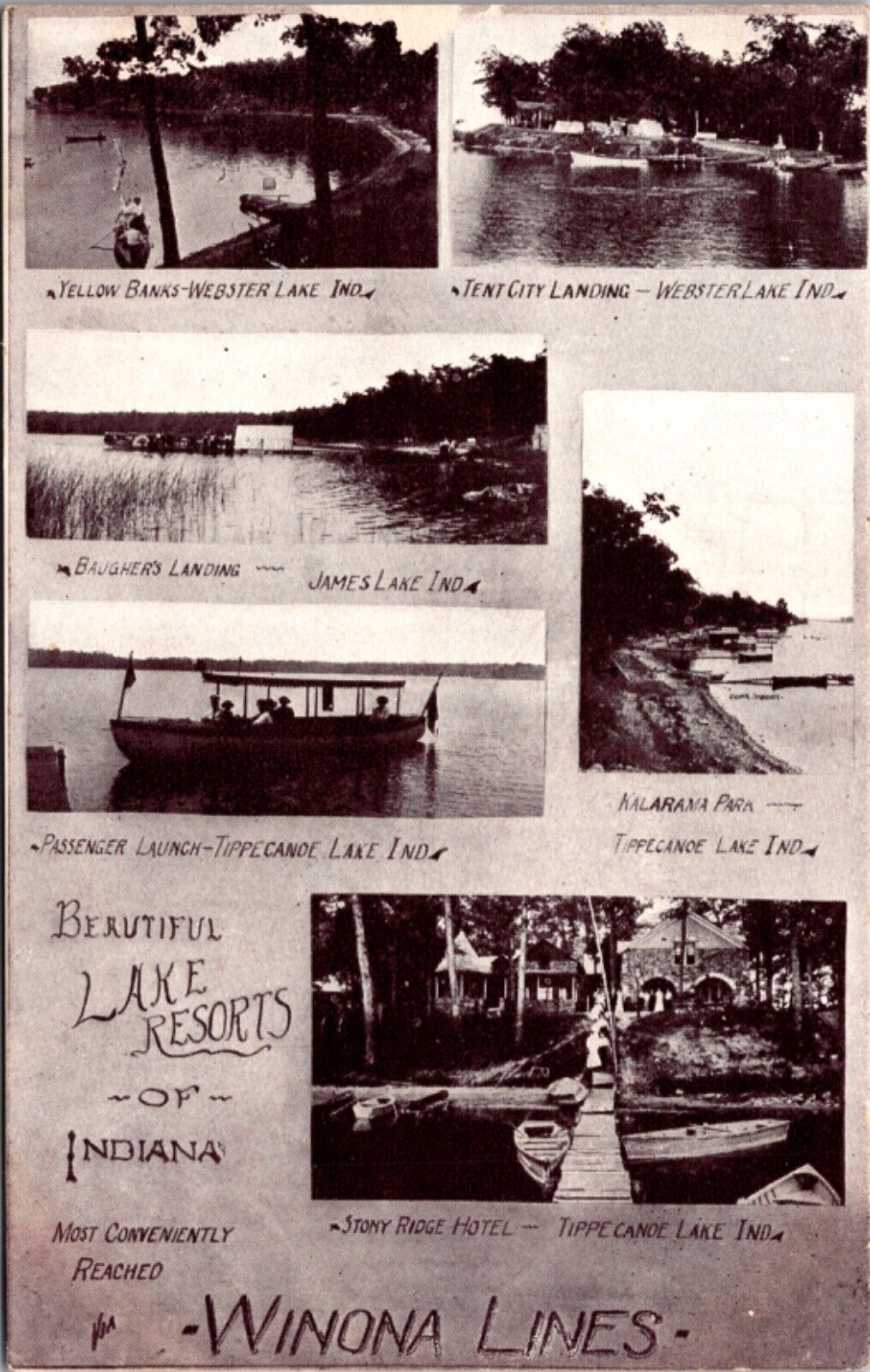 Postcard Multiple Views Lake Resorts of Indiana Winona Interurban Railway