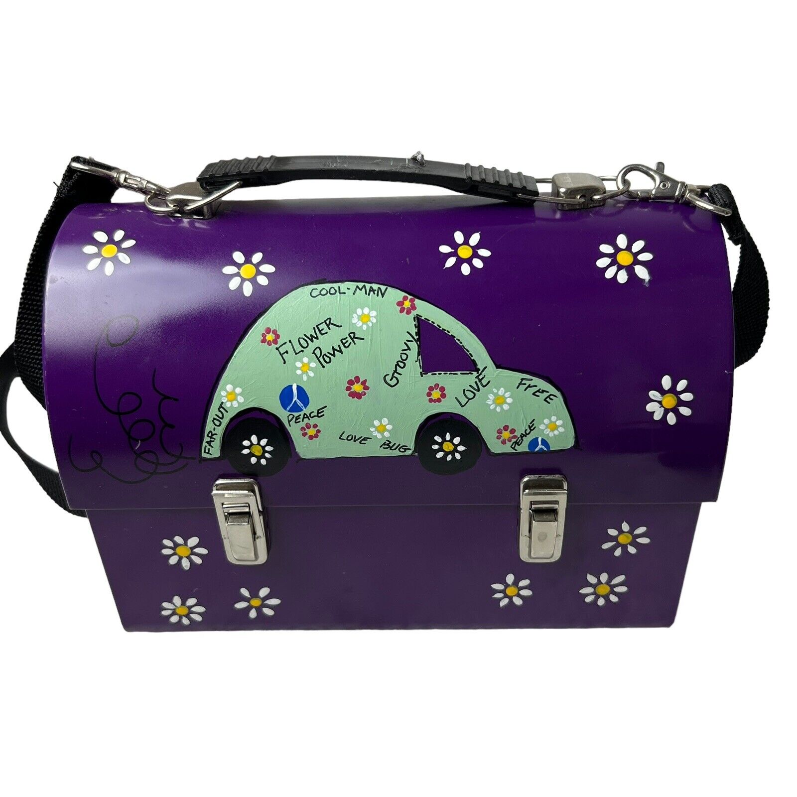 THERMOS Retro Granny Dome Metal Lunch Box Hand-painted Volkswagen/hippie/Flowers