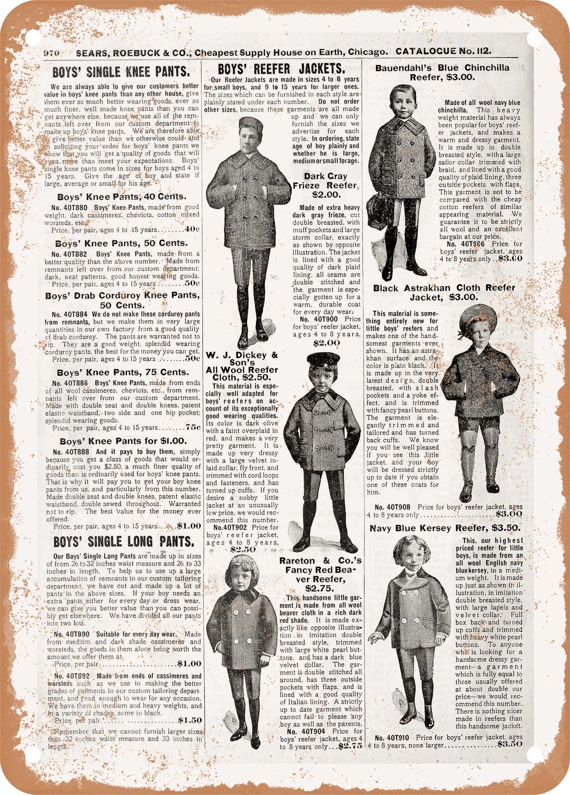 METAL SIGN - 1902 Sears Catalog Men's Tailoring Page 948 - Vintage Rusty Look