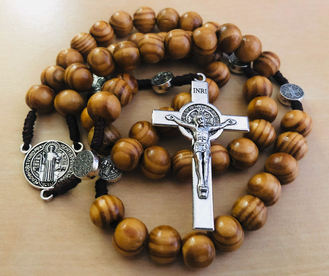 Saint St Benedict Wooden Rosary for Men Women Wood Prayer Beads Crucifix Cross 