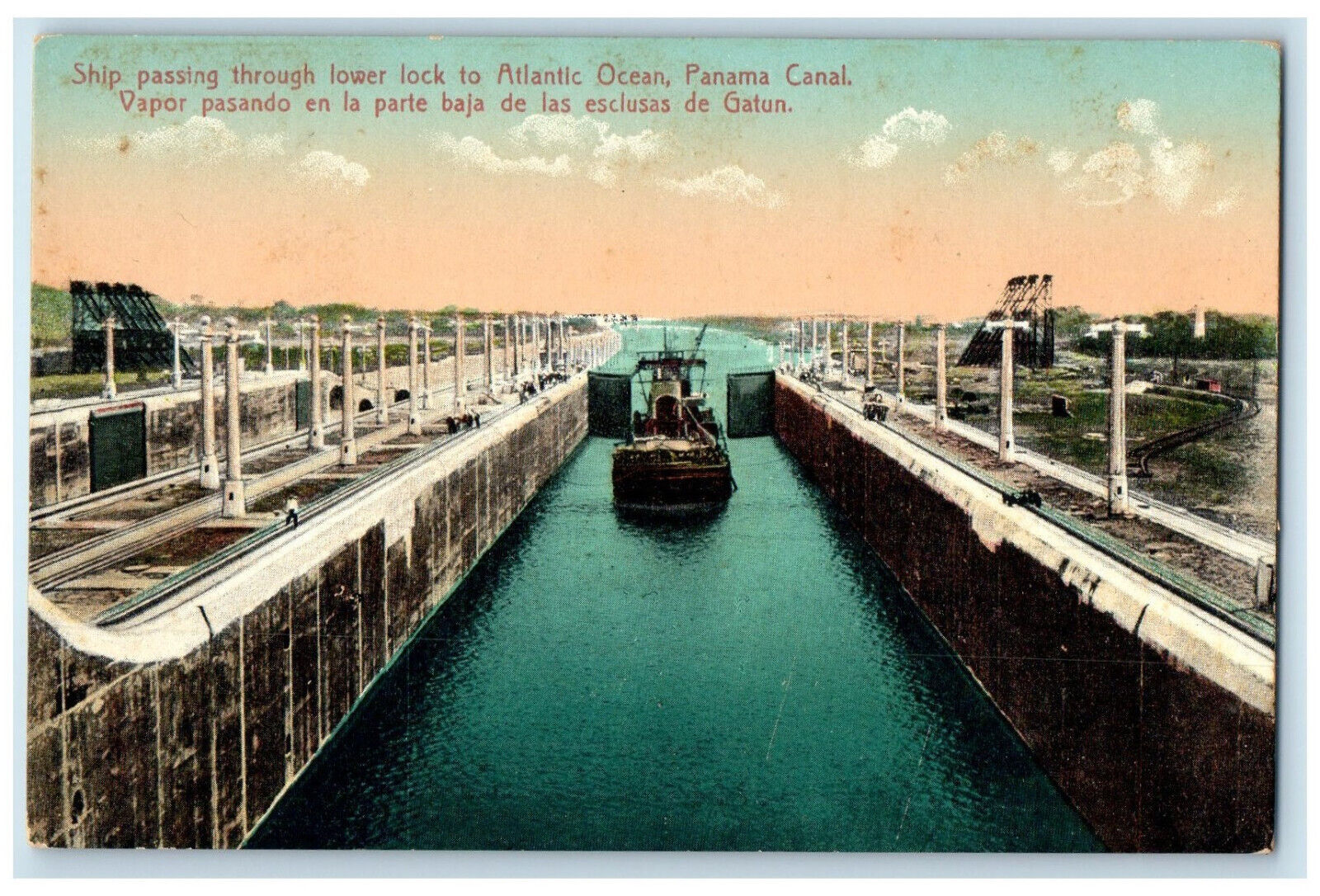 c1910 Ship Passing Through Lower Lock to Atlantic Ocean Panama Canal Postcard