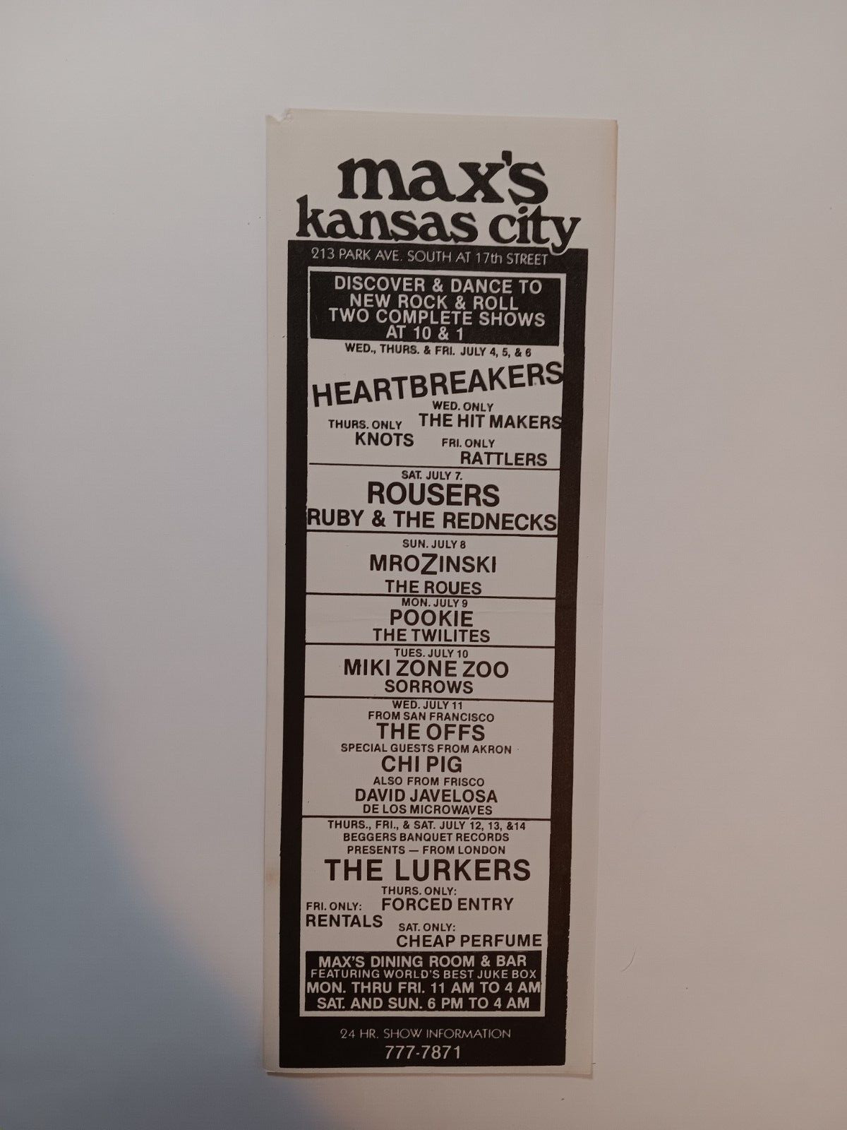 Max's Kansas City circular ad from the 70s original item