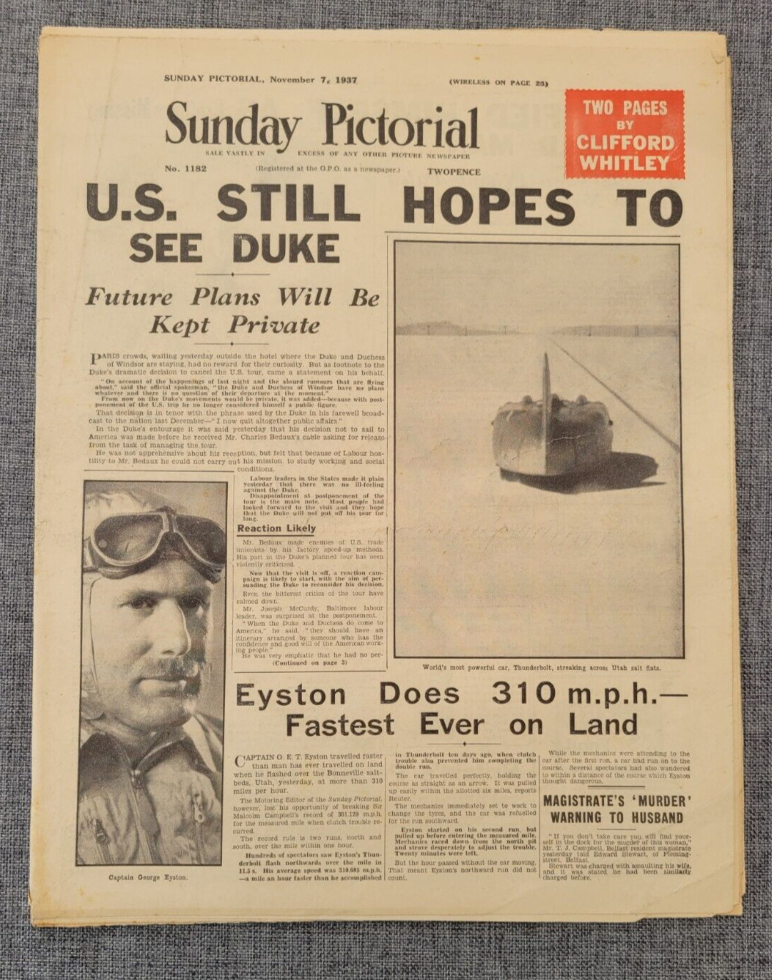 SUNDAY PICTORIAL 7 NOV 1937 GEORGE EYSTON GFASTEST EVER LAND 310 MPH NEWSPAPER