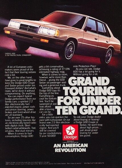 1986 Dodge 600 Grand Touring Original Advertisement Print Art Car Ad J869