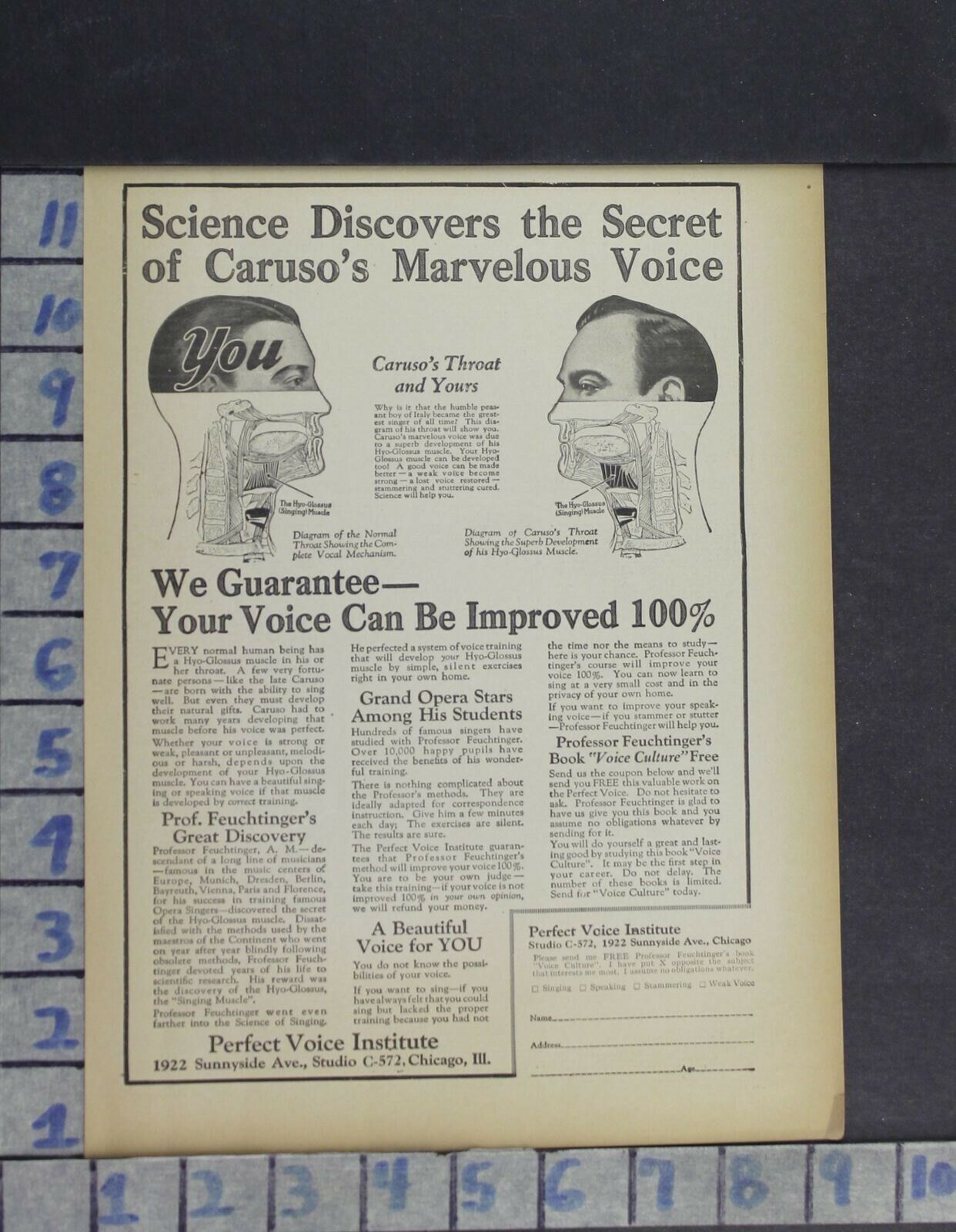 1923 MEDICAL PERFECT VOICE INSTITUTE SCIENCE CARUSO SINGER VINTAGE AD DI39