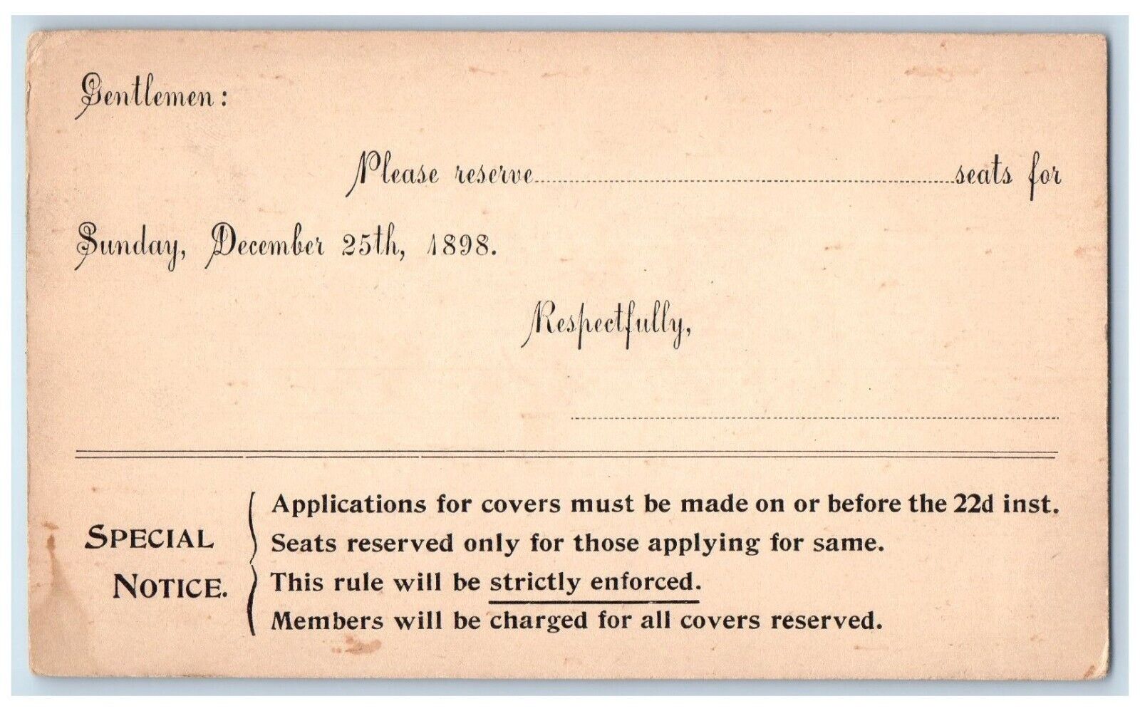 1898 Governing Committee Progress Club Reservation Letter NY City NY Postard