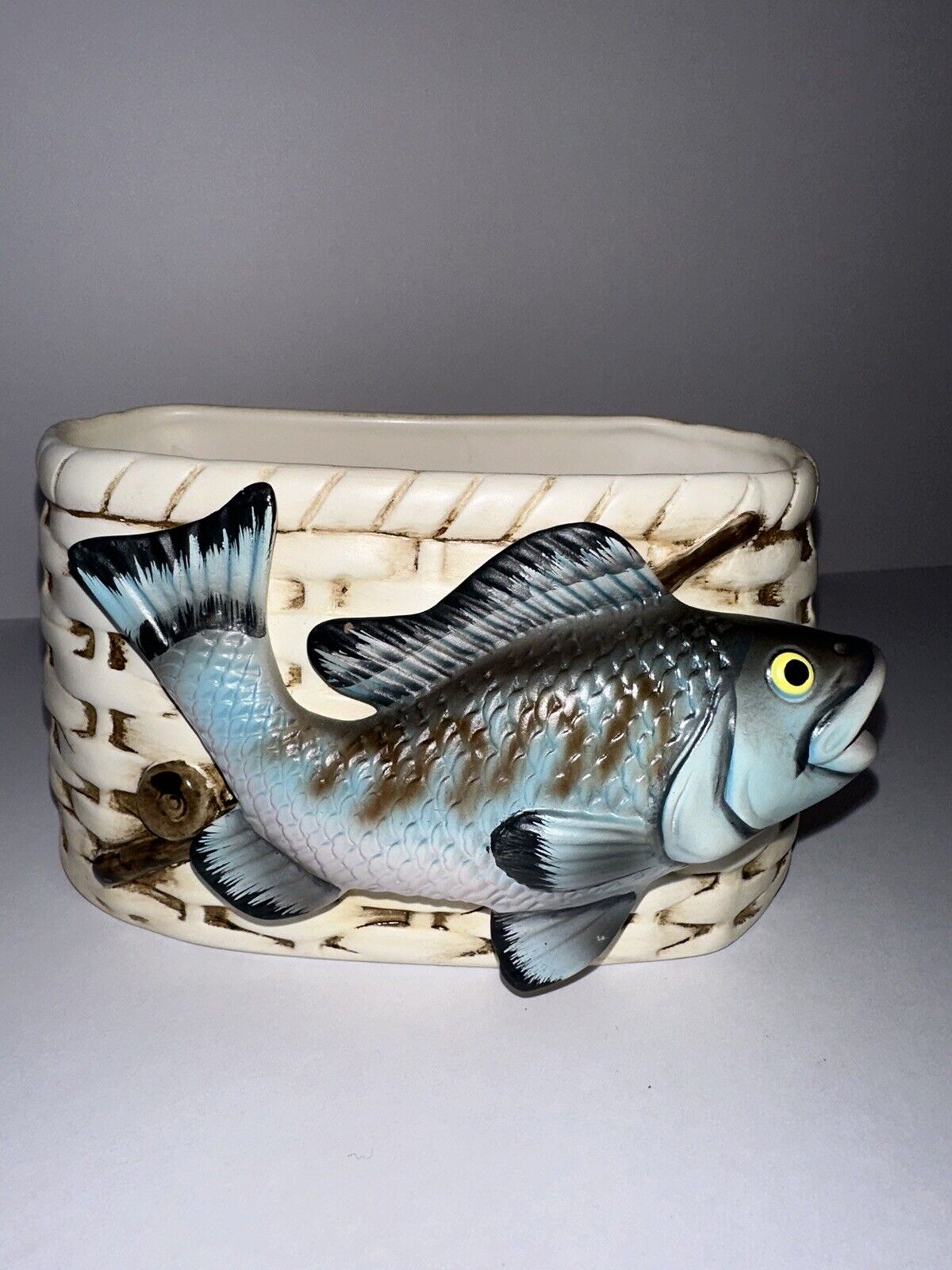 Vintage Napco Co Fish and Creel Planter With a Trout Mounted on the Front