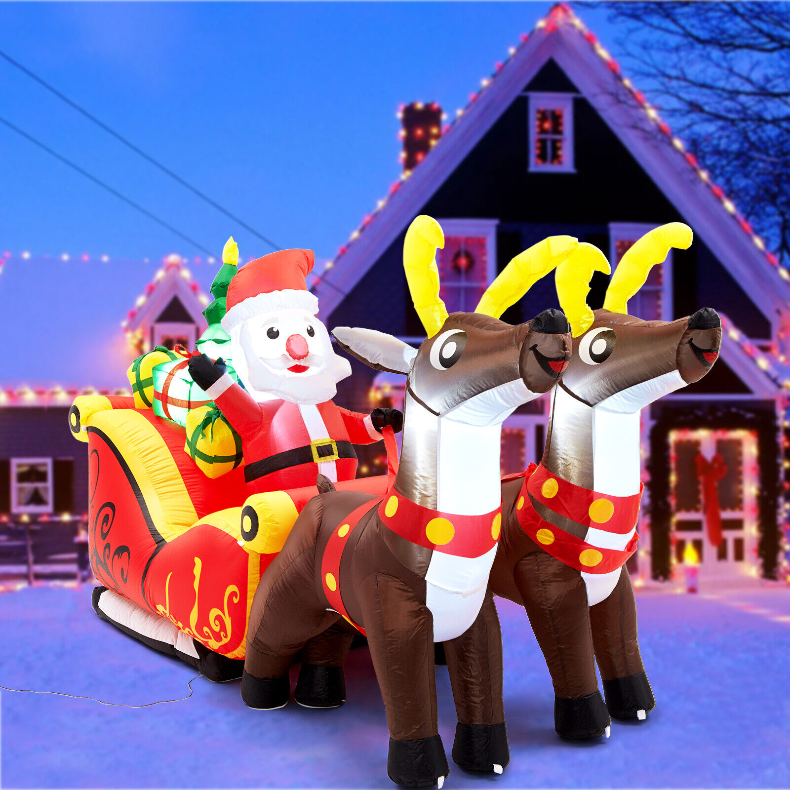 8.2FT Xmas Inflatable LED Santa Claus Reindeers Sleigh Christmas Yard Decoration