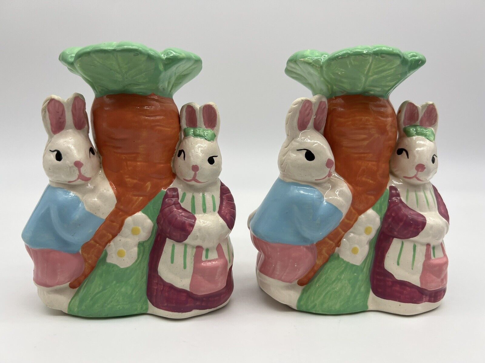Vintage 1995 Loomco Easter Bunny Couple Carrot Candle Stick Holder