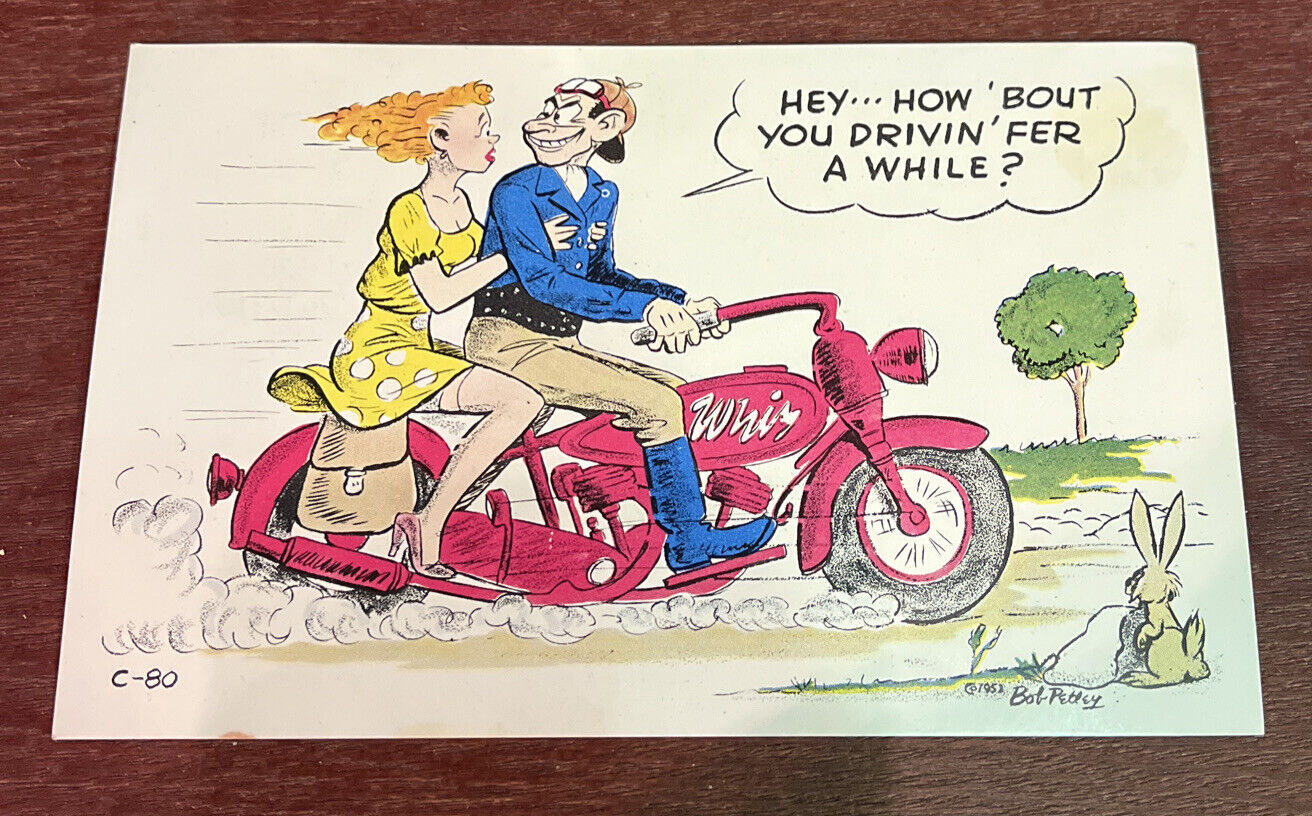 Vintage 1930's Color Postcard Bob Pettey Cartoon Whiz Motorbike Humor Driving
