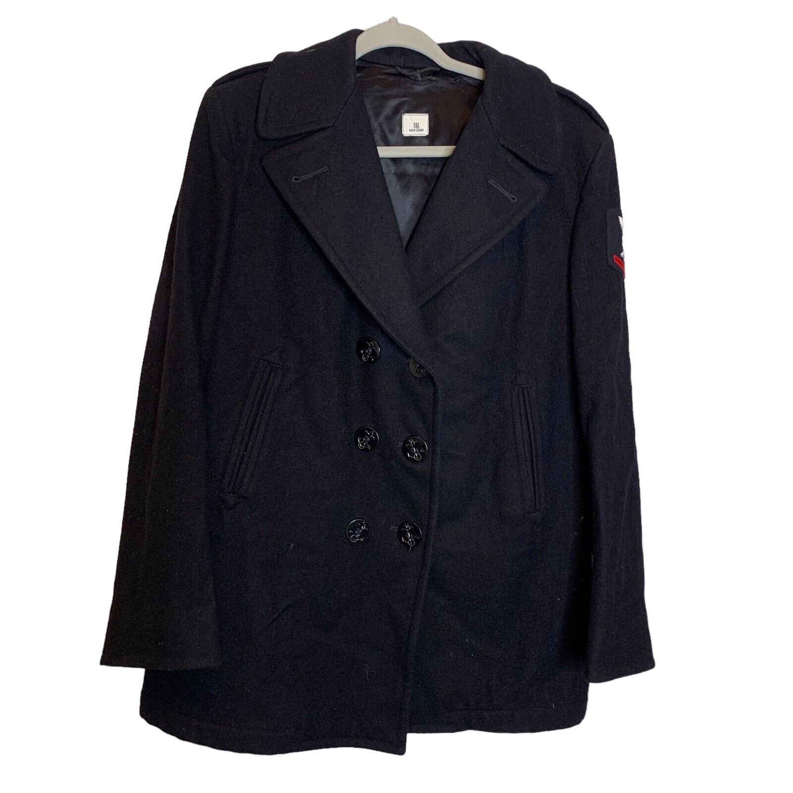 US Navy 100% Wool Peacoat Womens 16L Black Patch on Left Sleeve Double Breasted