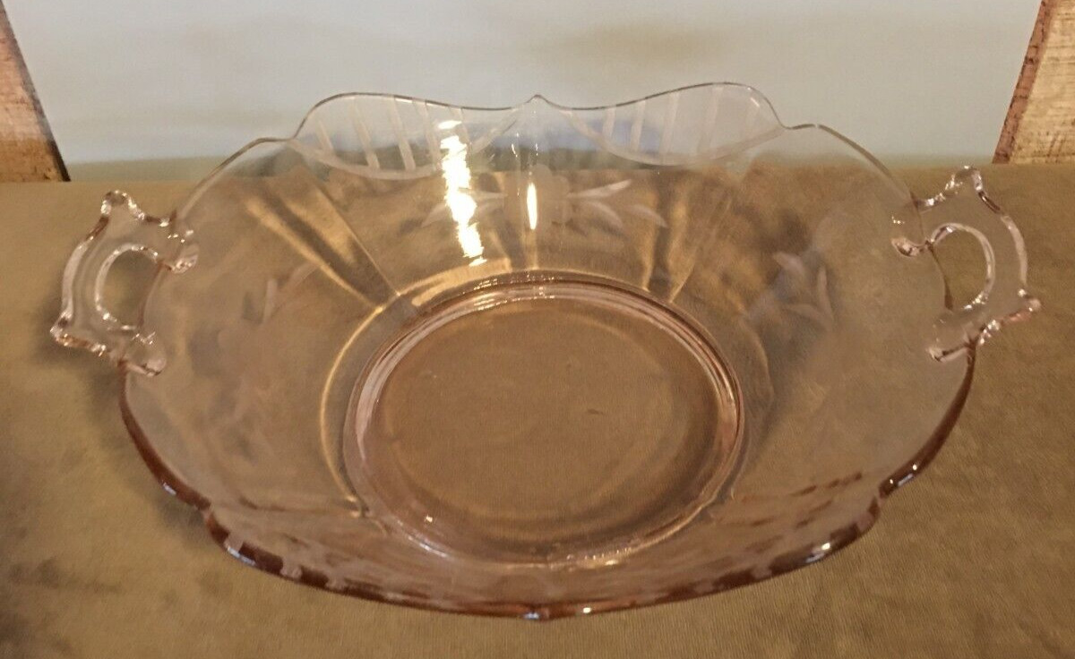 Heisey Glass etched Flamingo PINK DEPRESSION GLASS OVAL SERVING BOWL W/ HANDLES