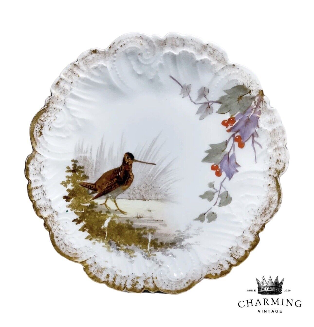 Antique Hand Painted LIMOGES FRANCE Bird & Floral Motif Cabinet Porcelain Plate