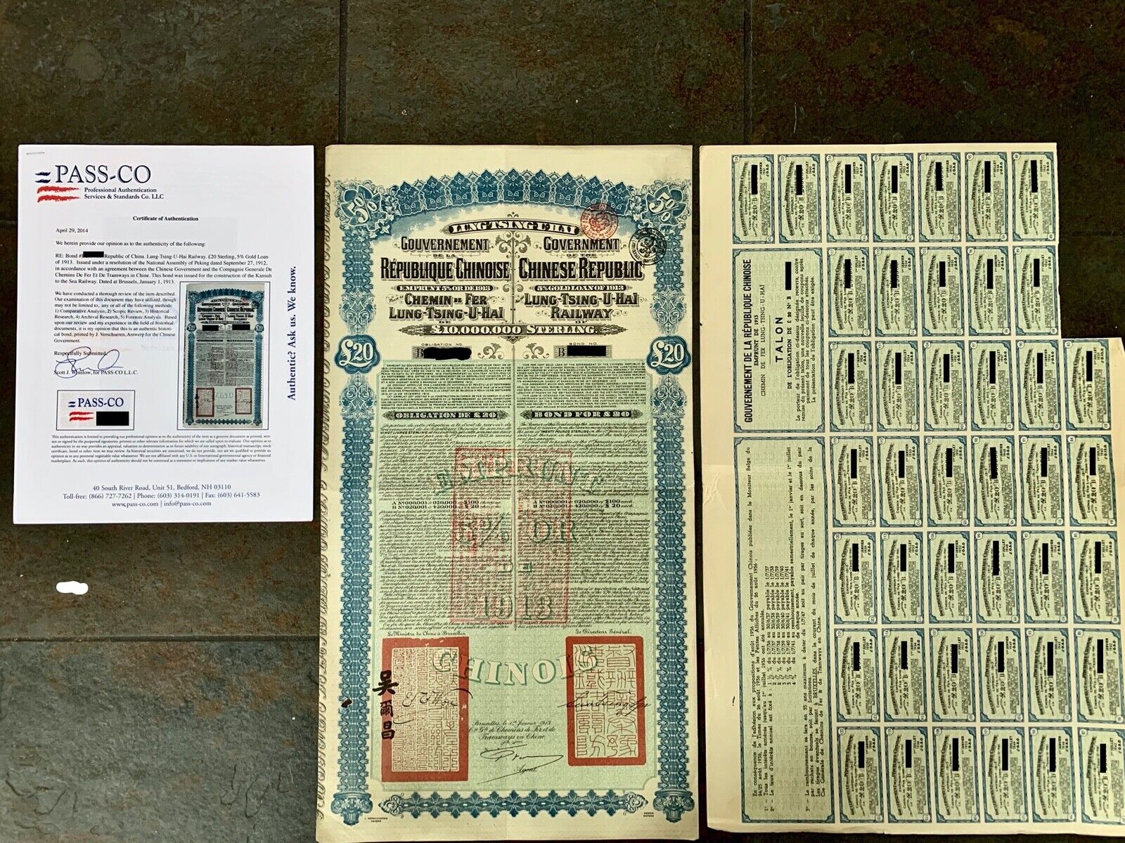 Authentic China Super Petchili Bonds 1913 Lung Tsing U Hai Coupons with PASS-CO 