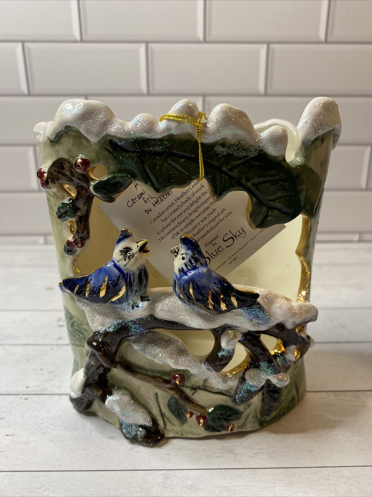 Heather Goldminc Blue Sky Christmas Chatter Candle Holder Bluebirds Snow NEW