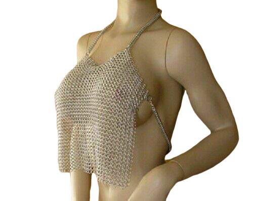 GREAT ONE  Silver V-Neck Chainmail Bra Halter Top