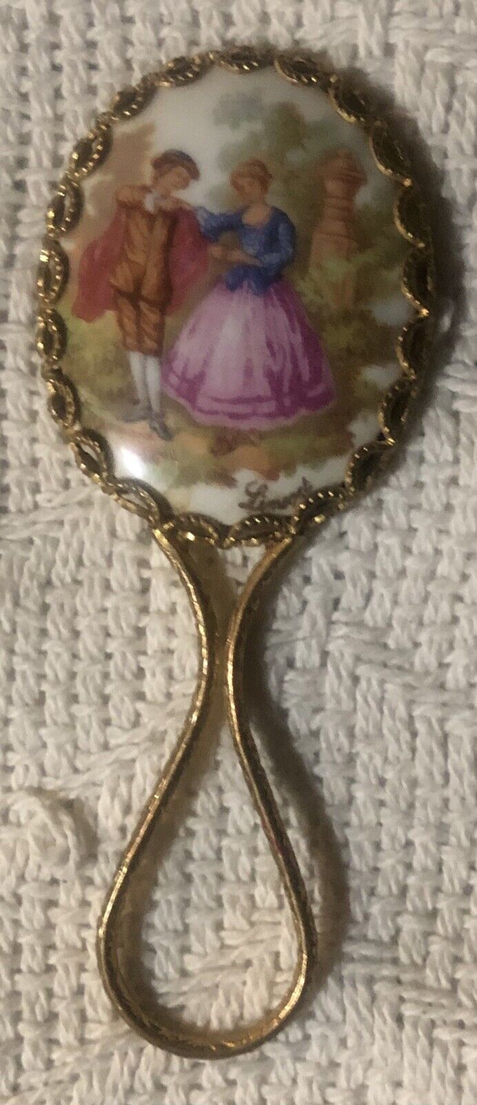 Antique Limoges Hand Painted Small Vanity Mirror Goldtone Handle 4 3/8”