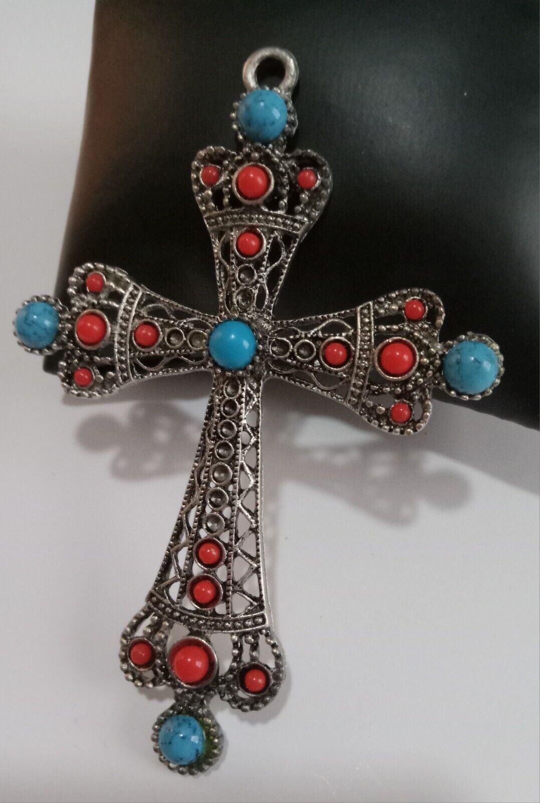 Pewter Cross with Red & Blue Imitation Turquoise Decoration - 3\