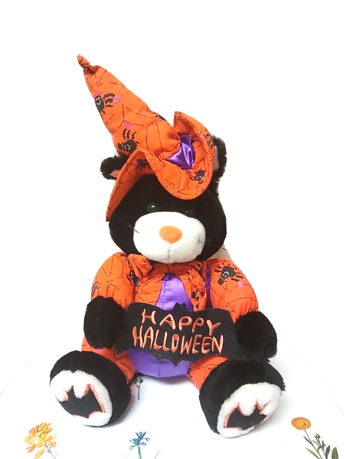 VTG HAPPY HALLOWEEN 🎃 Black Cat Plush Fiesta FLOCKED Nose SPIDERS BATS Pumpkin