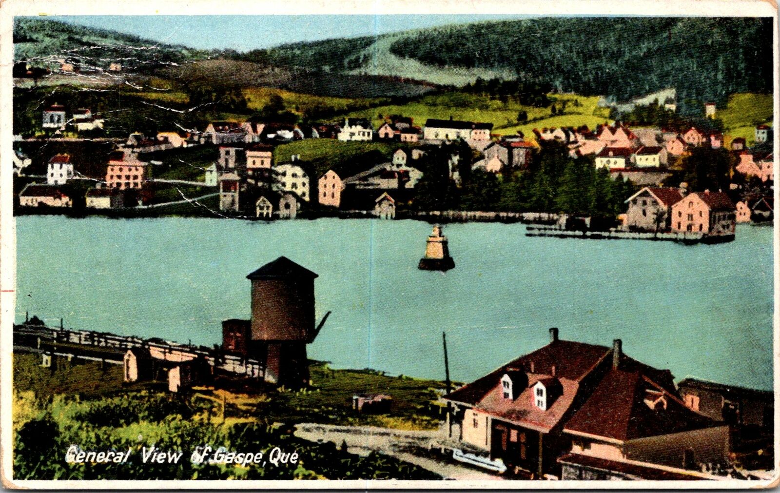 VINTAGE POSTCARD GENERAL VIEW OF THE TOWN OF GASPE QUEBEC AND WATERWAY 1936