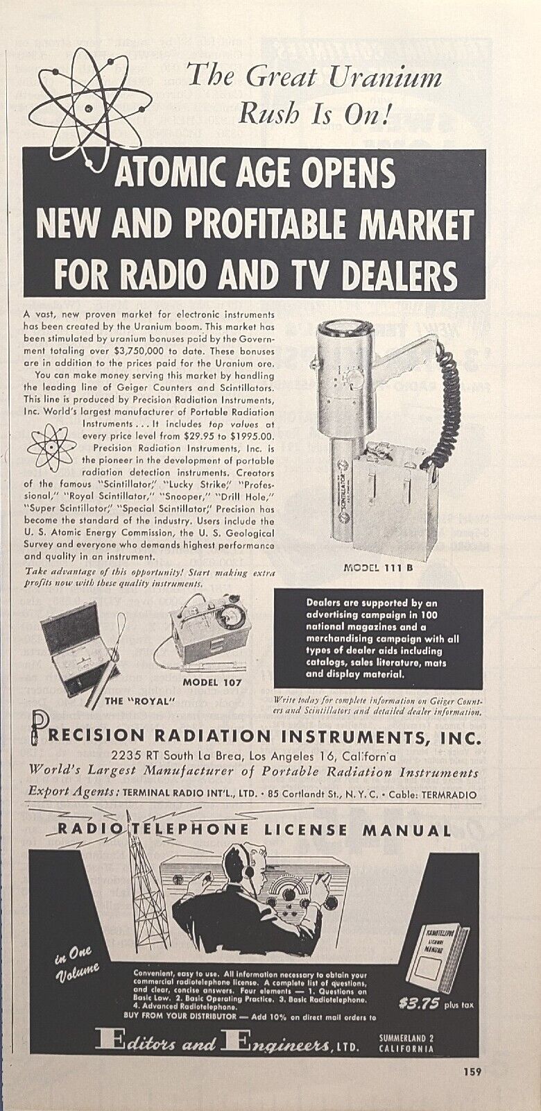 Precision Radiation Instruments Geiger Counters Atomic Age Vintage Print Ad 1955
