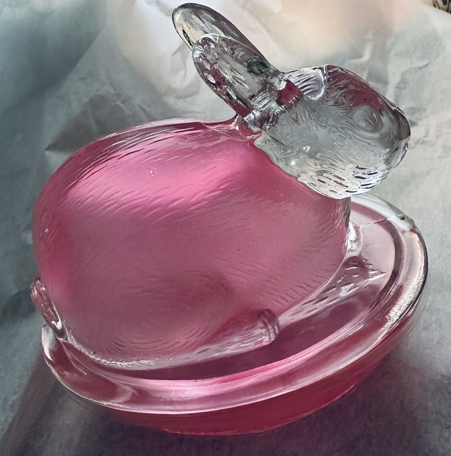 Vintage Pink Galerie Glass Bunny Rabbit Candy Trinket Dish Basket Weave Nest