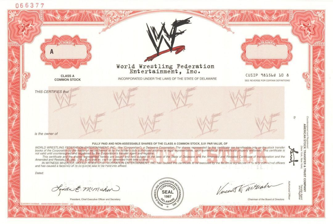 World Wrestling Federation Entertainment, Inc. - Specimen Stock Certificate - Sp