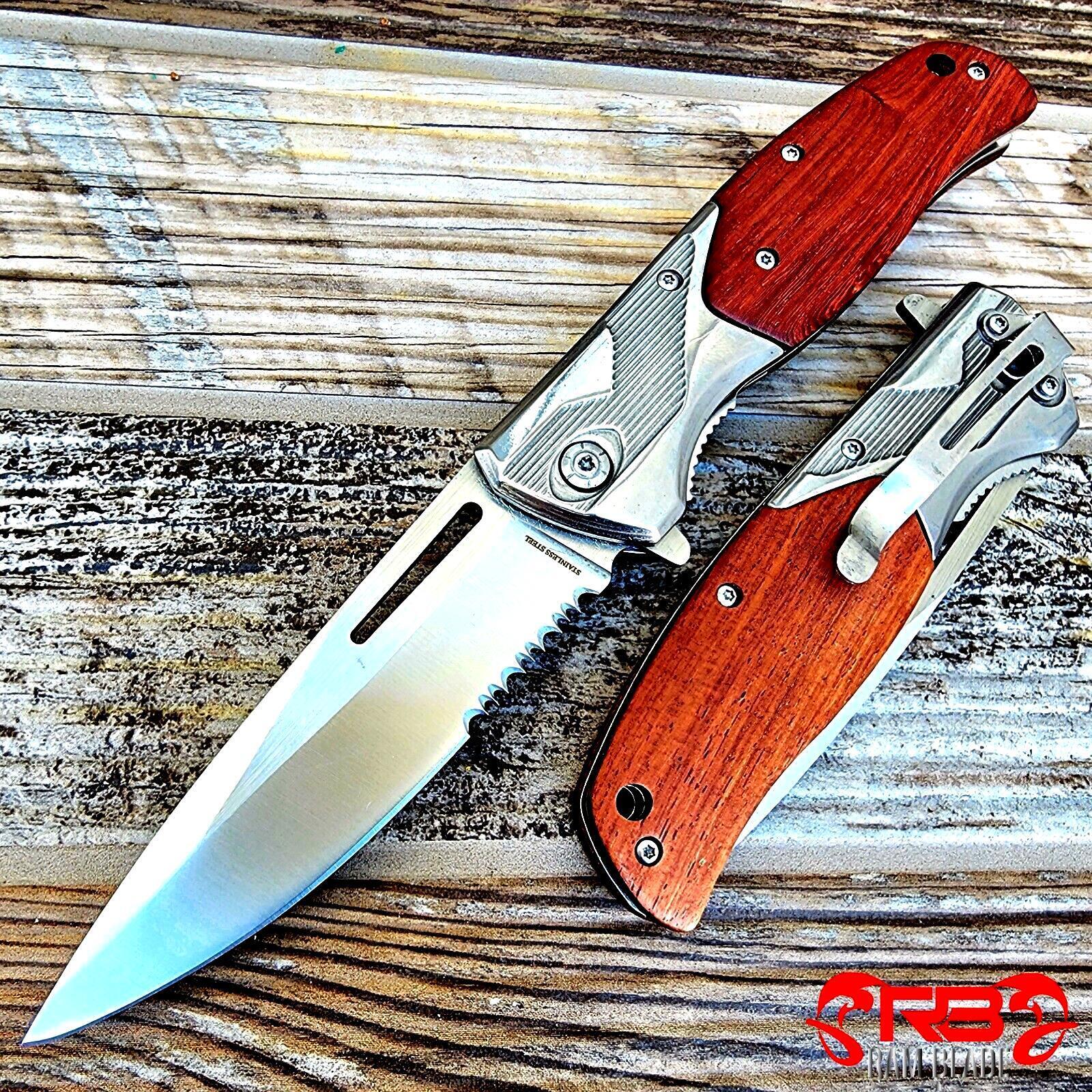 9” Tactical Spring Assisted Red Wood Handle OPEN Folding Blade POCKET Knife