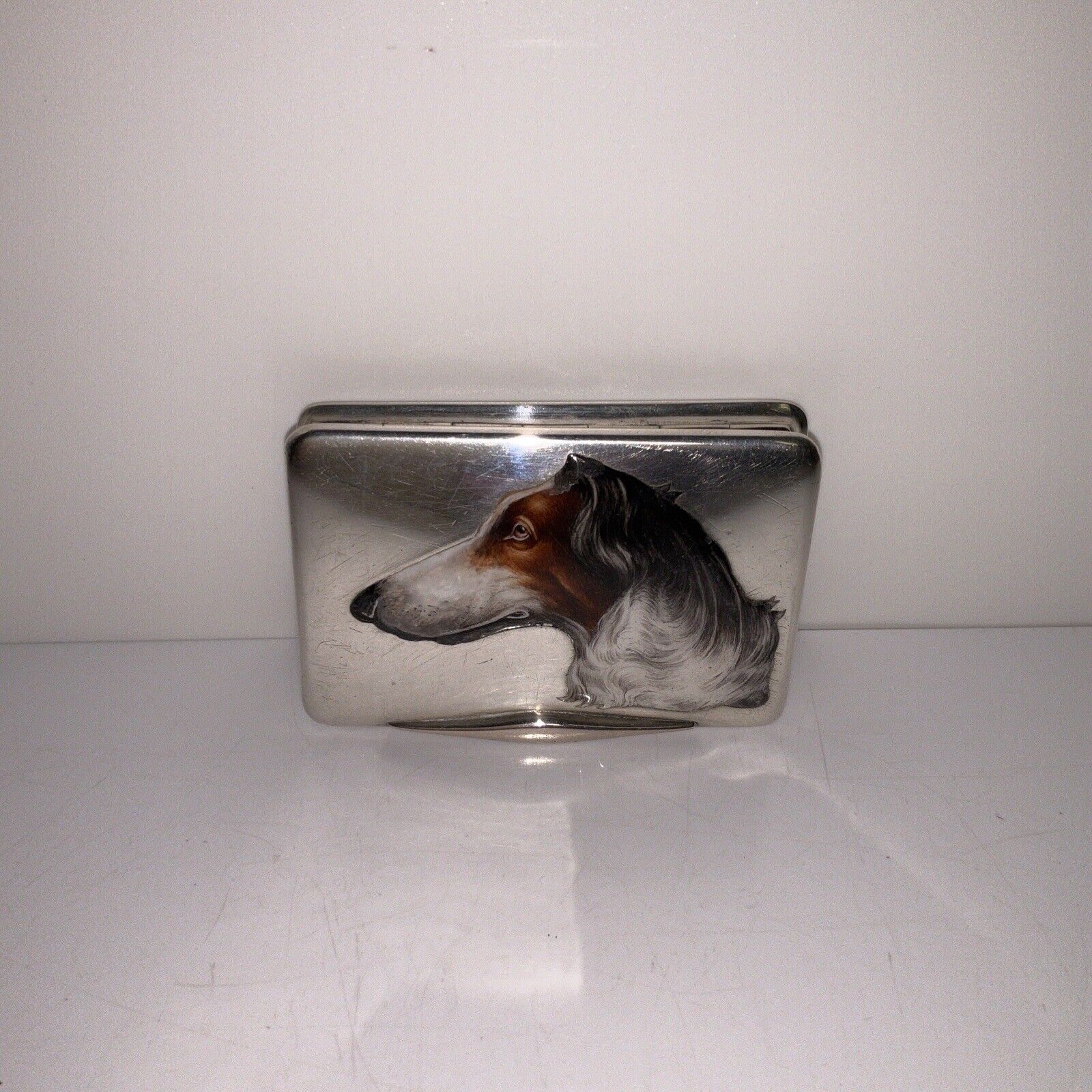 Stunning Rare Antique Art deco enamel decorated Greyhound silver snuff box.
