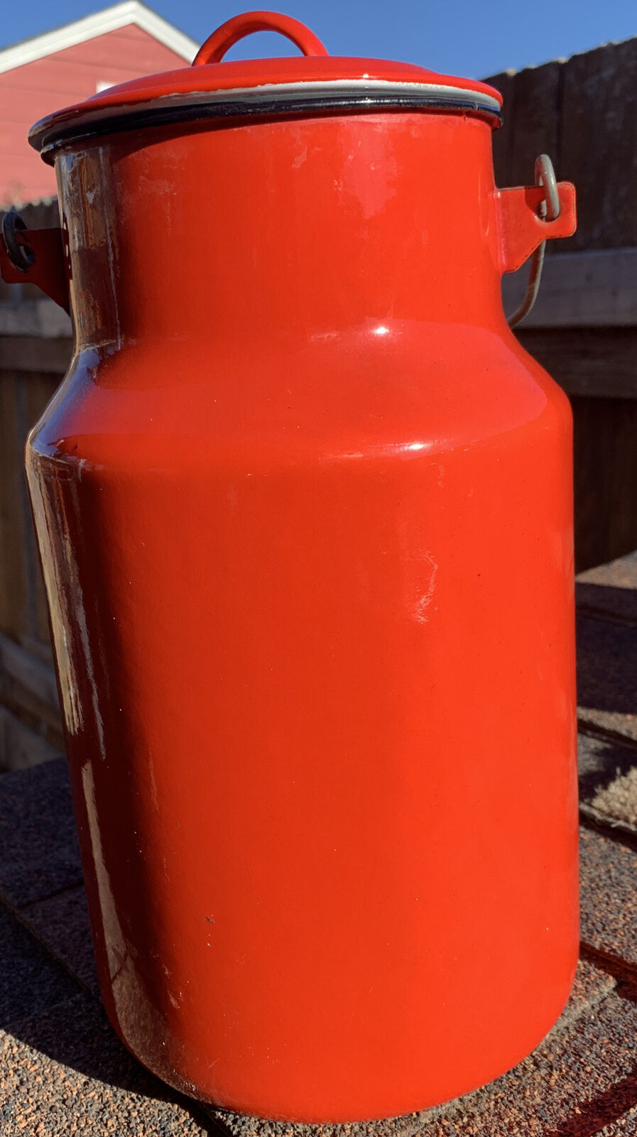 Antique Red Enamel Milk Jug Metal Jug w/ wooden handle & lid 11 Inches