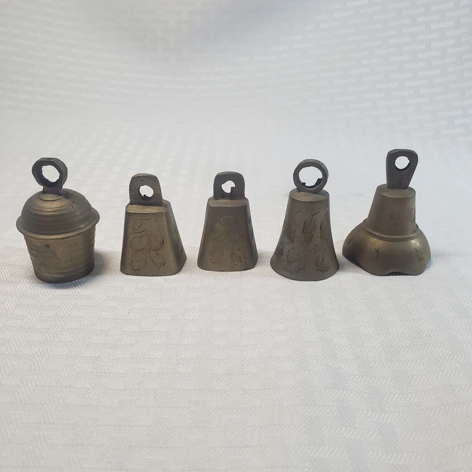 Lot of 5 Vintage Mini Brass Bells Marked India Decorated Slashes Carvings.