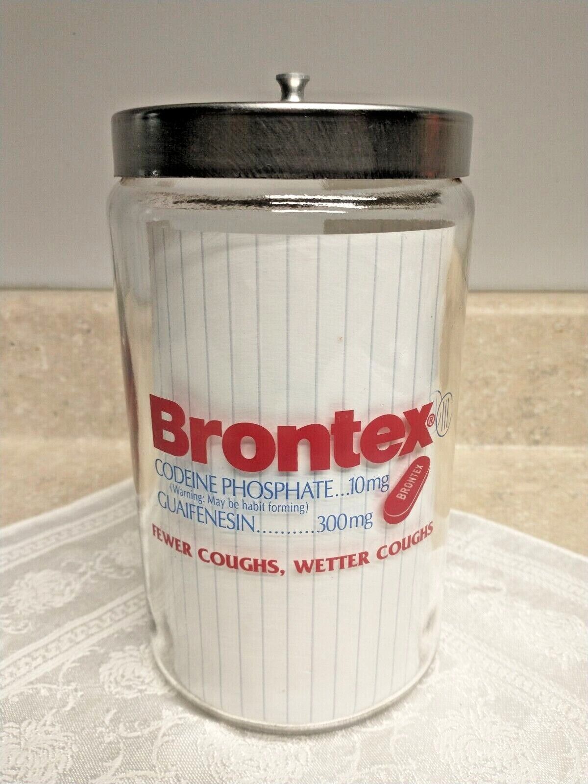 Brontex Codeine Sched 3 Pharmaceutical Advertising Glass Apothecary Jar Drug Rep