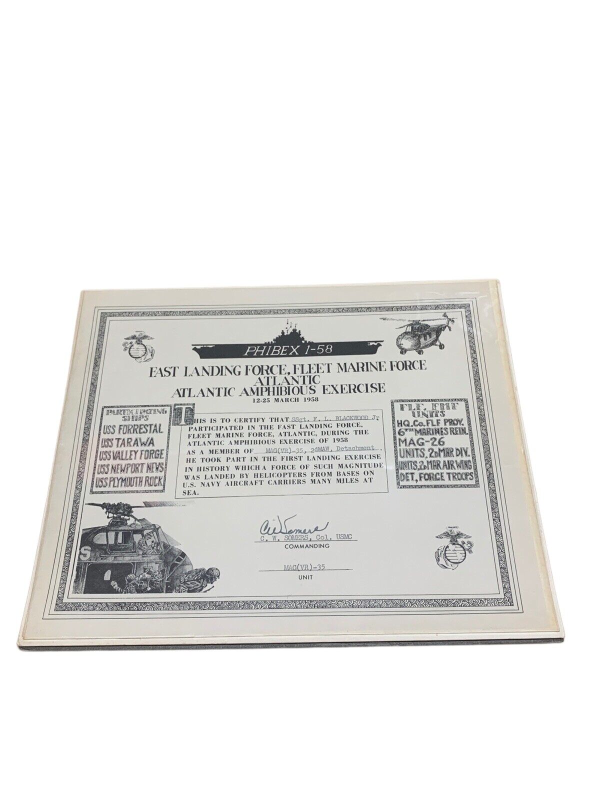 1958 RARE Phibex 1-58 Atlantic Amphibious Landing Exercise Award Certificate