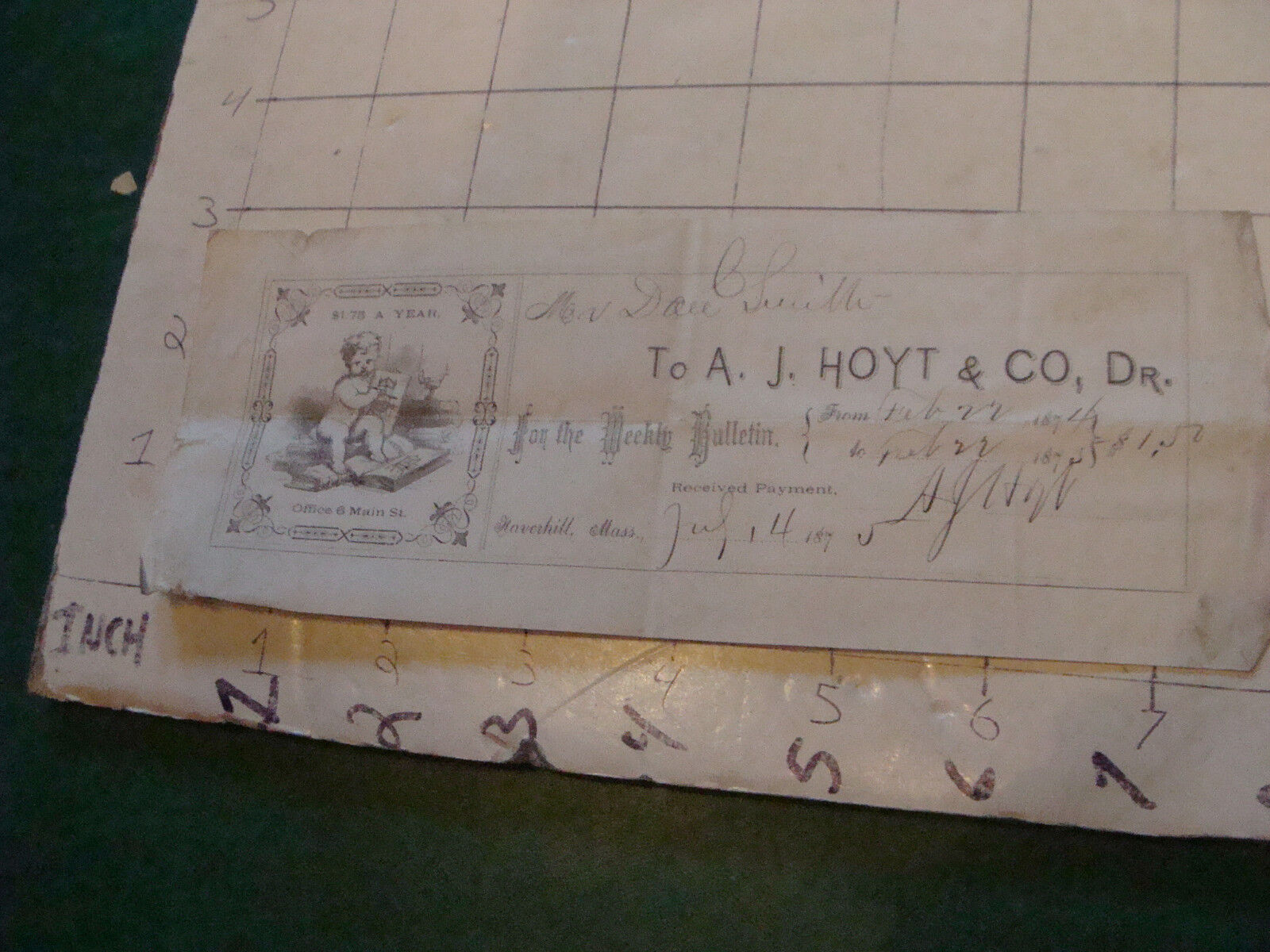 vintage CHECK or RECEIPT: 1874 & 5; to A J Hoyt co. weekly bulletin