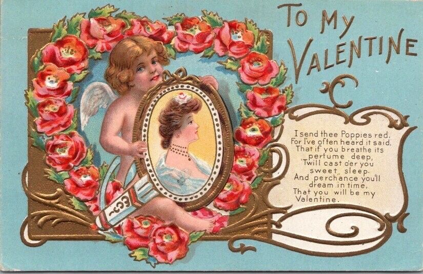 VALENTINE\'S DAY Postcard Cupid w/ Girl\'s Portrait \