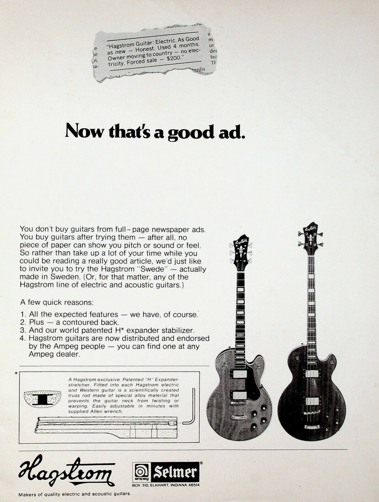 1974 Hagstrom Swede Guitar Made In Sweden - Vintage Advertisement